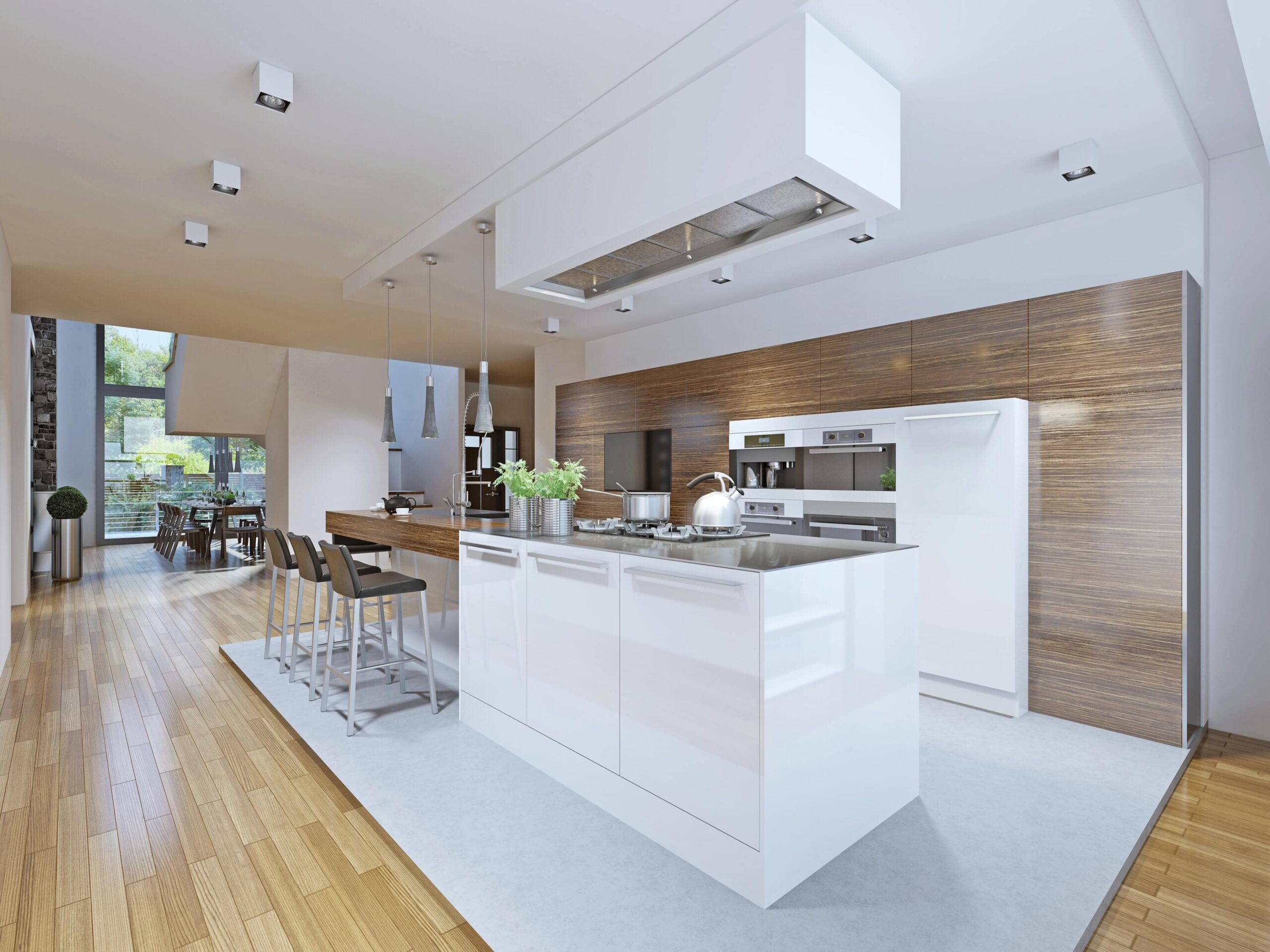 Moderne Küche mit einer weißen Kochinsel, Holzregalen und eleganten Barhockern in einem offenen Raum.