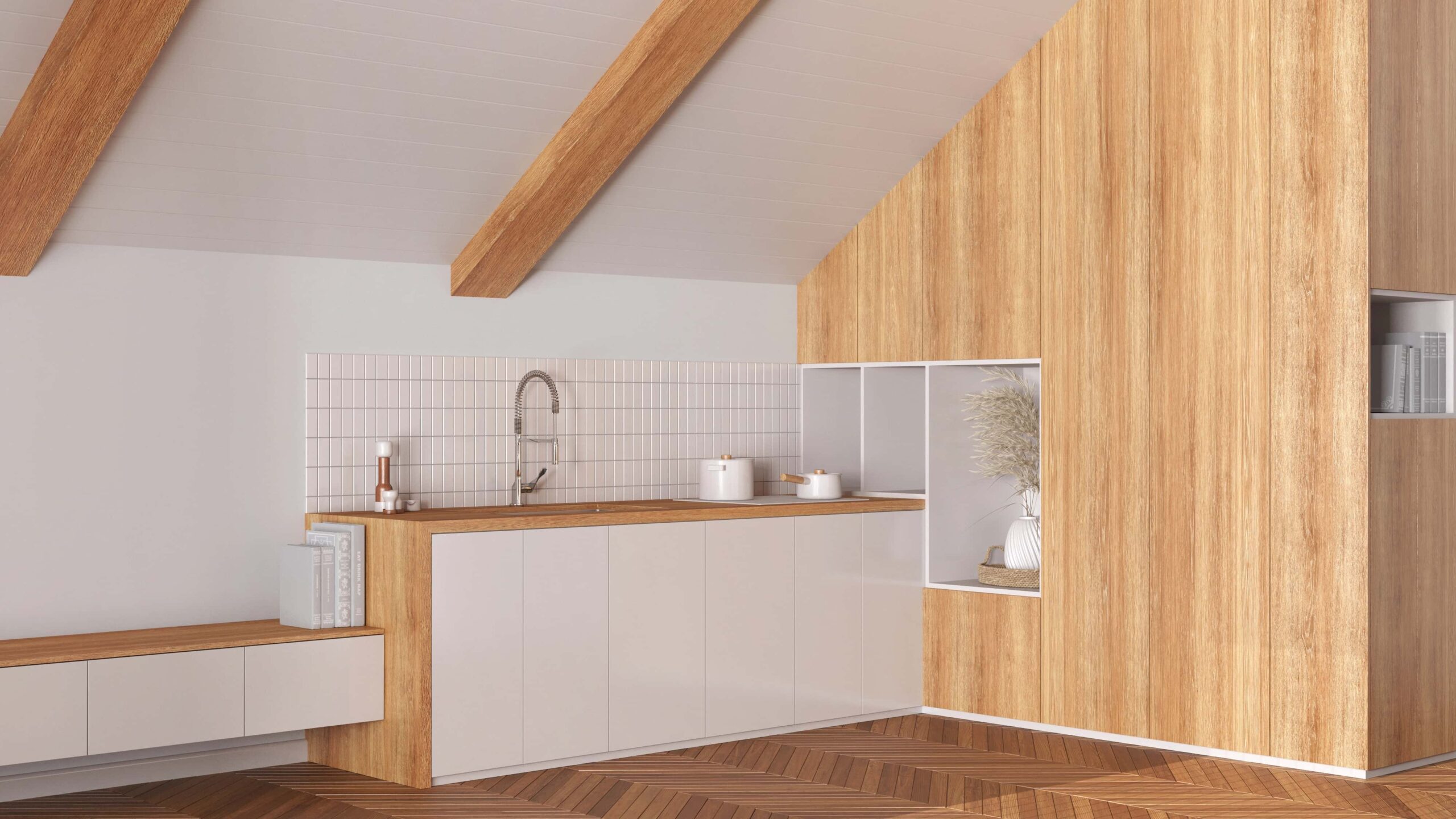 Eine moderne Holzküche mit hellen Holzfronten, weißen Unterschränken, hoher Stauraumwand und filigraner Fliesenrückwand prägt den Raum.